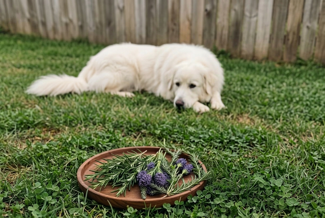 Fresh herbs and botanicals in a sunny backyard with a Great Pyrenees and a cat