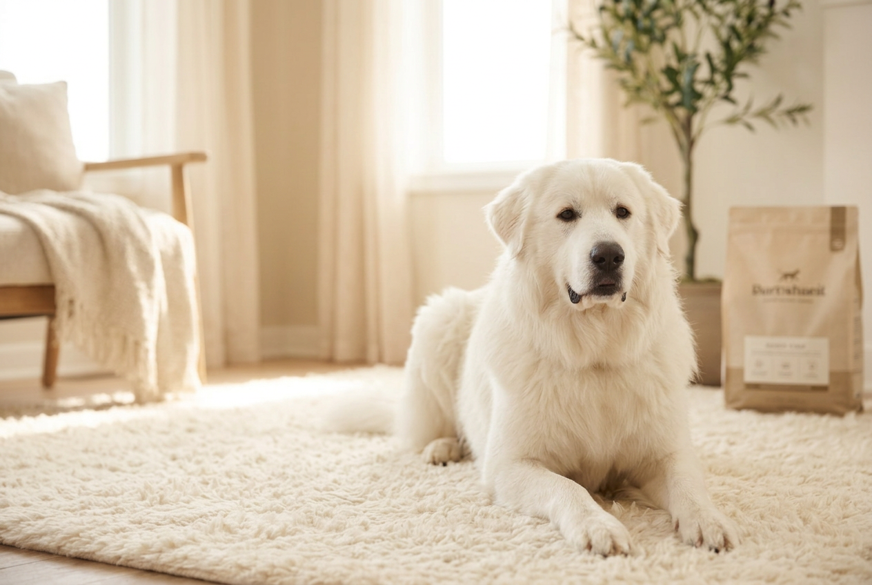 A young male Great Pyrenees with a white coat in a green field