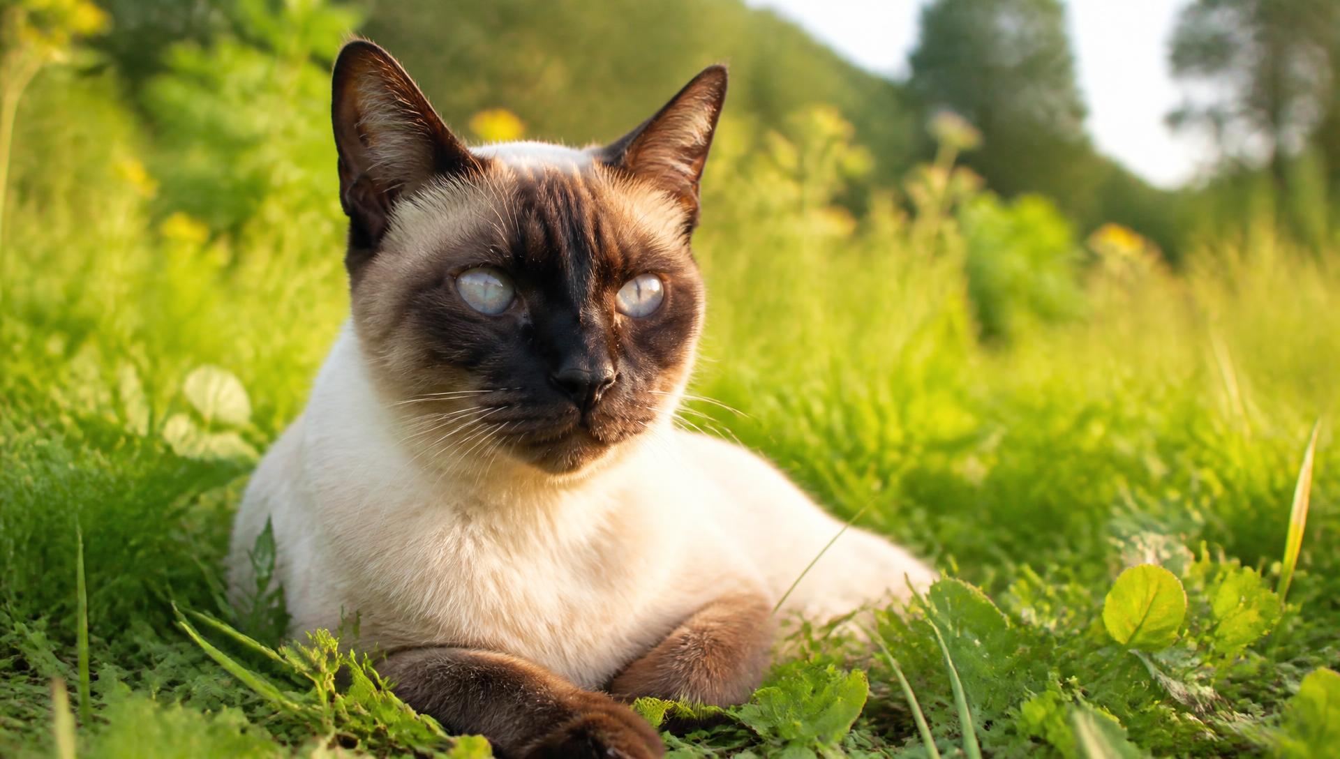 An elderly Siamese cat resting in a sunlit meadow